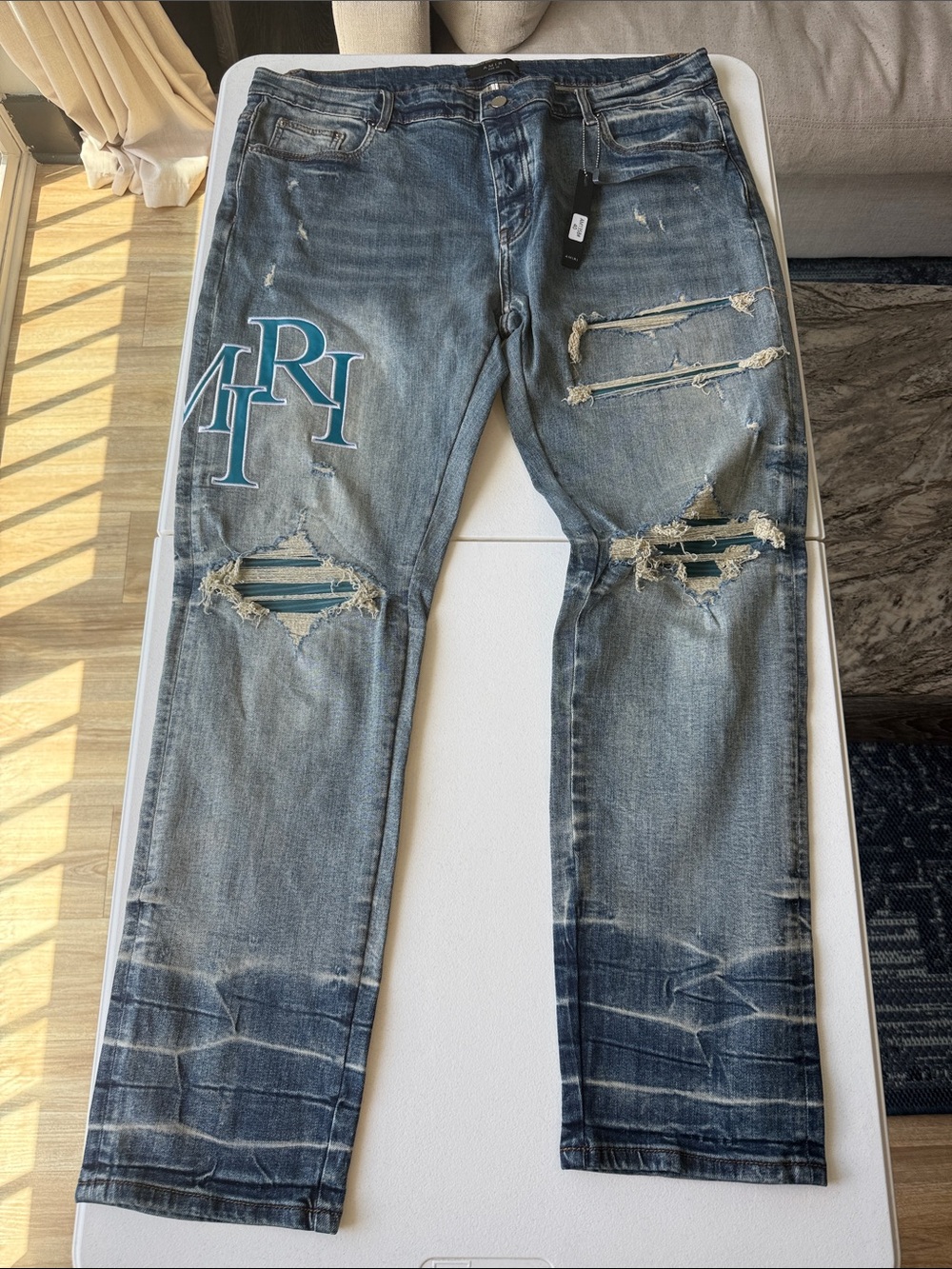 AMIRI Distressed Indigo Straight Jeans with Logo Patch